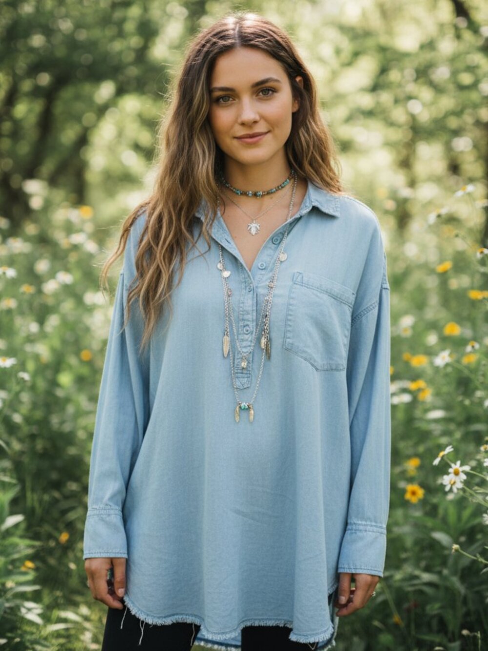 We The Free People M Top Tunic Shirt Blue Oxford LS Oversized Slouchy Boho Chic